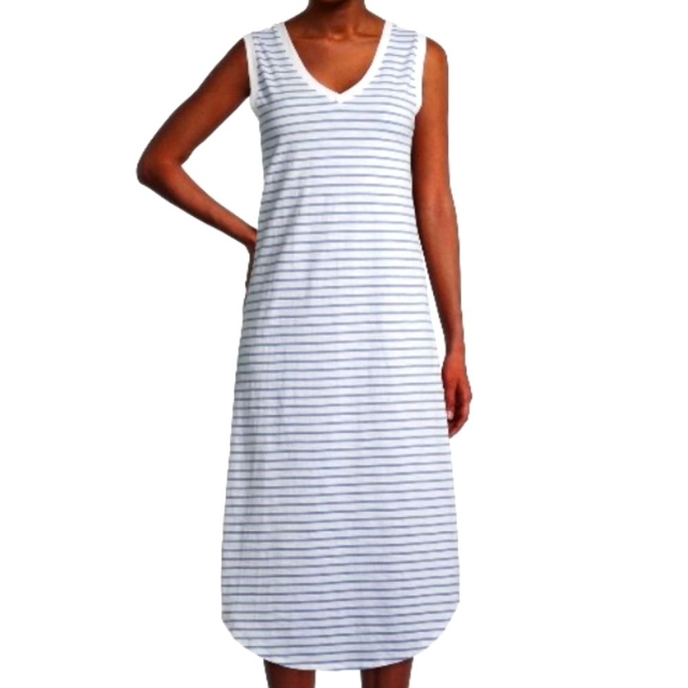 Double V-neck Sleeveless Striped Dress Size Large Blue & White